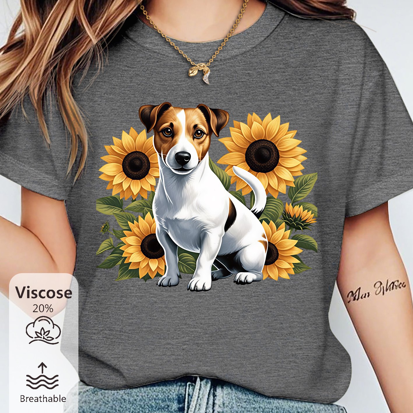 TEMU Summer Women's Beautiful Short Sleeve T-shirt, Terrier And Sunflower Print, Cute Easy Tee, 2026 Spring Summer Casual Top, Soft And Skin-friendly