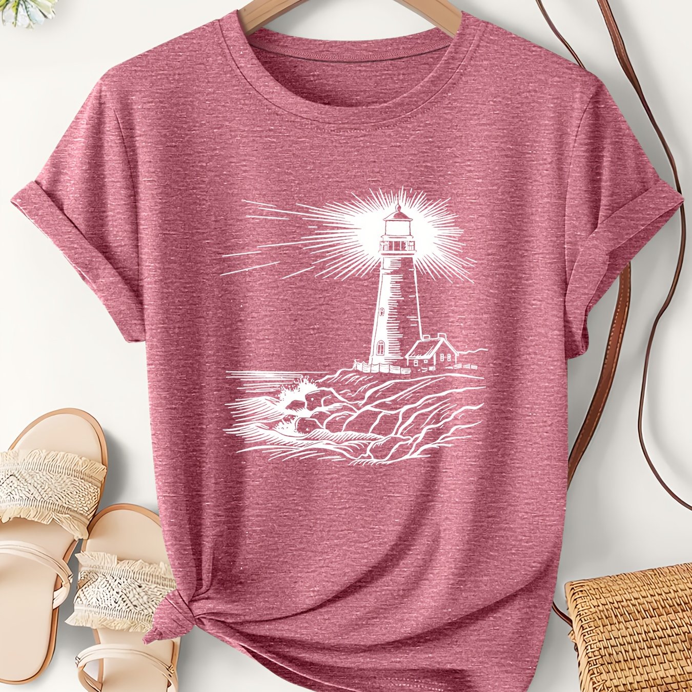 E-shop Damen Sketch-Stil Küstenleuchtturm-Druck Einteiler Sommer Leichtes Kurzarm-Süßes T-Shirt, Einfach Elegant Vintage Casual Vielseitiges