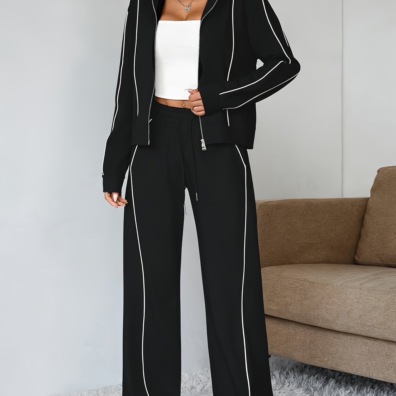 TEMU Women's Suit Long Sleeve Lapel Double Zipper And Straight Pants Women's Casual Contrast Two-piece Set Women's Clothing Striped Trousers Suit