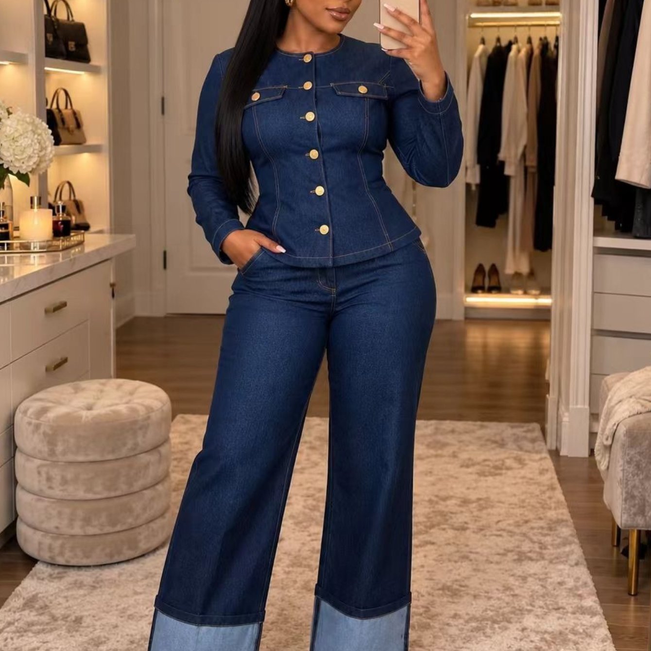 TEMU Women's Autumn And Winter Denim Dark Blue Suit - Casual Loose Easy Design Sense Elegant Temperament Commuting Street Trend Women's Clothing