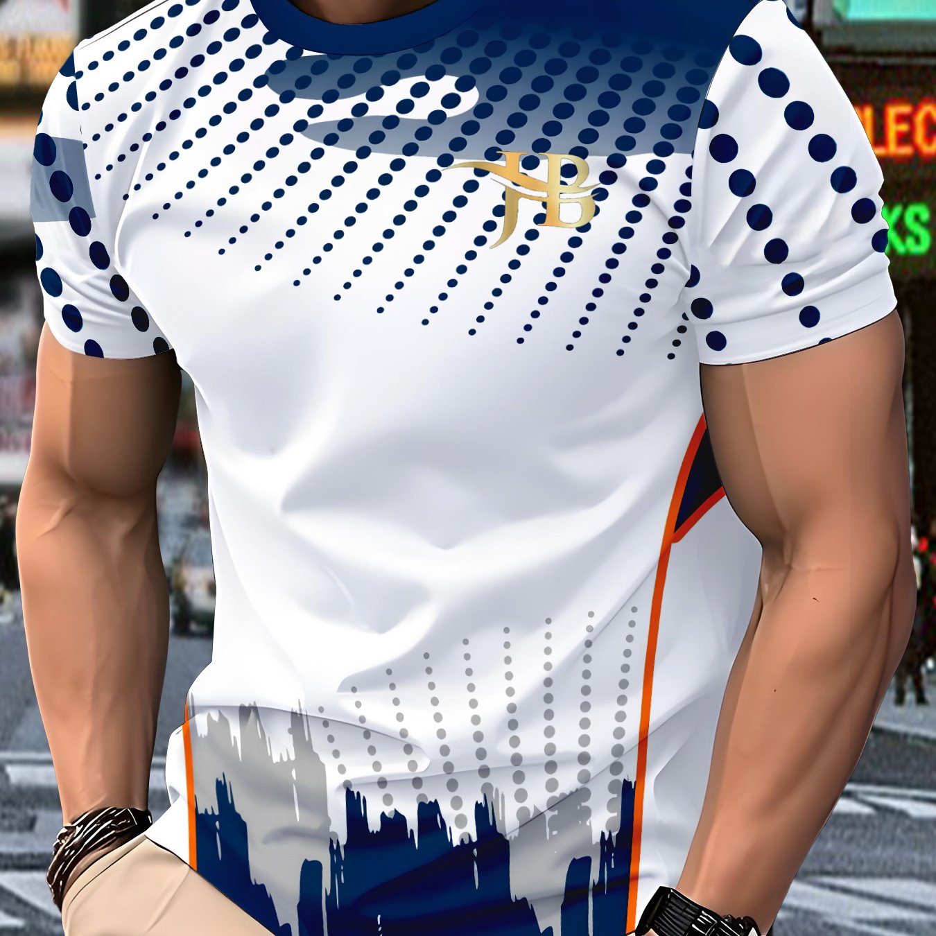 TEMU This Men's Short-sleeved Shirt Features Urban Polka Dots As Its Core Design, And Blue Gradient Background With Gradient Polka Dots And City . A