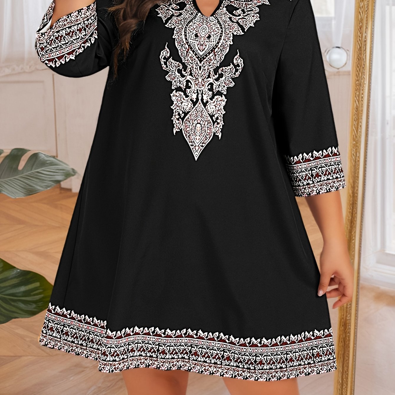 TEMU Plus Size Ethnic Print Notched Neck Loose Dress, Half Sleeve Flowy Dress For Spring & Fall, Women's Plus Size Clothing