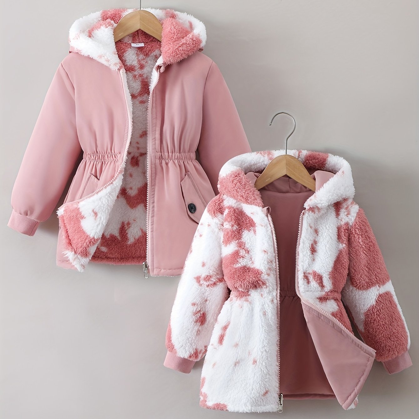 Image of Girls' Autumn Winter Soft Warm Comfortable Plush Reversible Warm Thick Hooded Long Sleeve With Zipper Open Cardigan