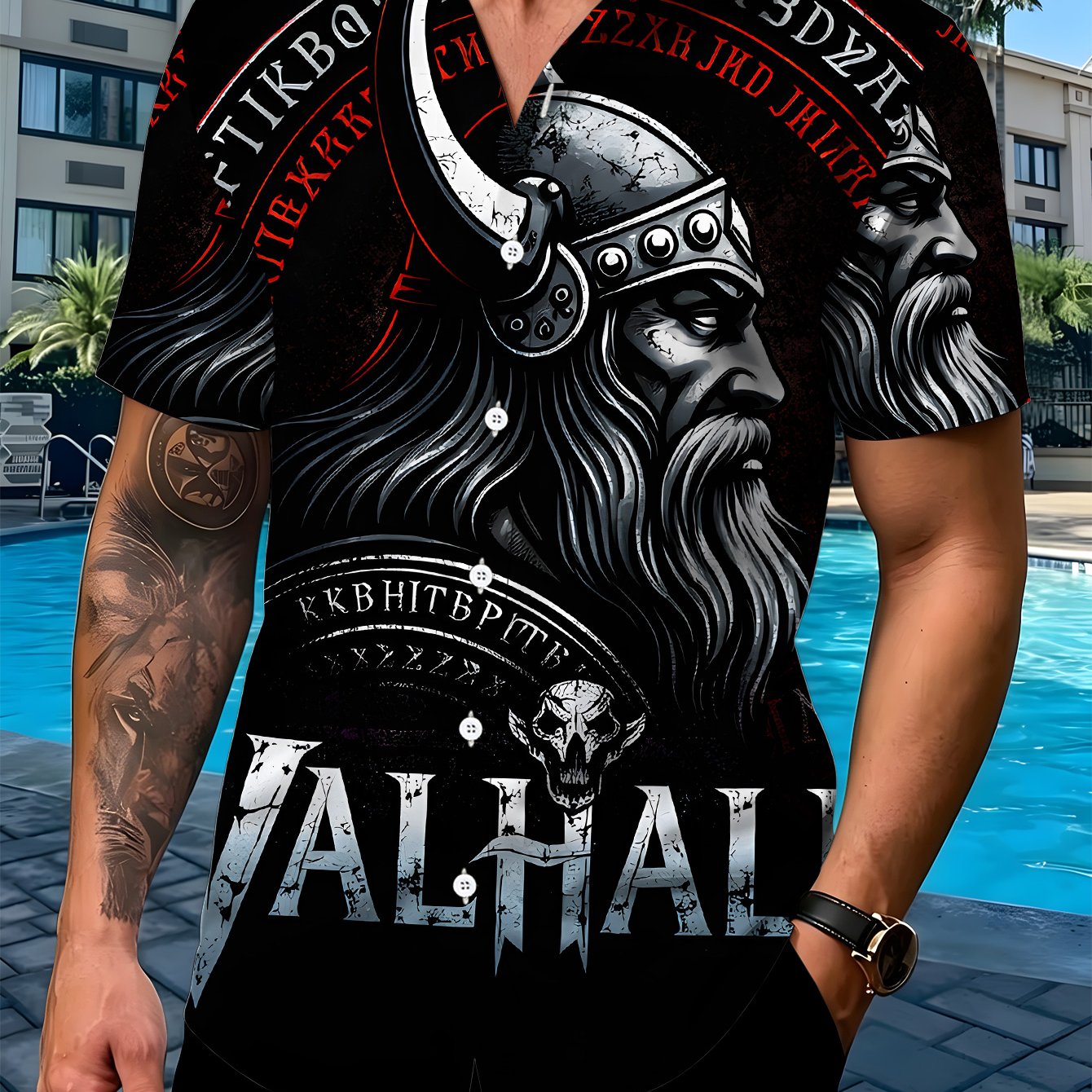 TEMU Plus-size Men's Short-sleeve Shirt With Viking-, Casual Short-sleeve Shirt For Plus-size Men With Viking Elements, Oversized Men' Short-sleeve