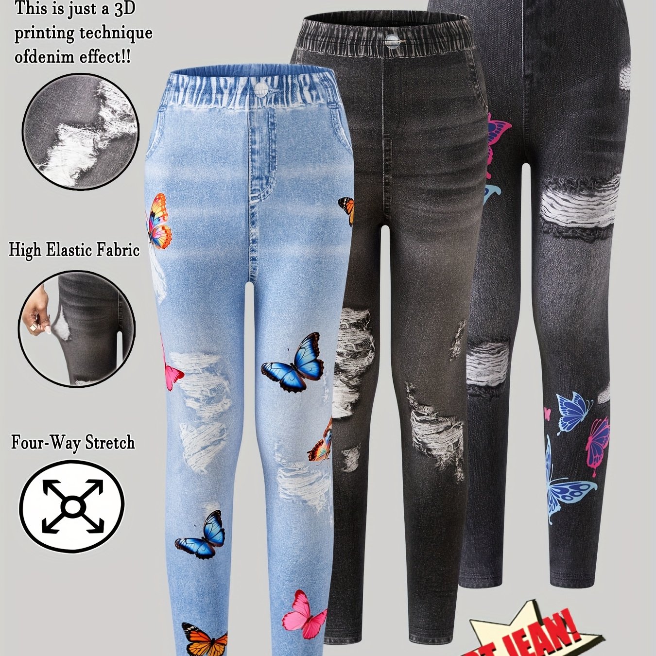 Image of Three-piece Set - Summer Outfit In Sizes 130-170, Featuring A Stylish Casual Print, Slim-fit Stretchy Versatile Denim Long Pants, For Outdoor