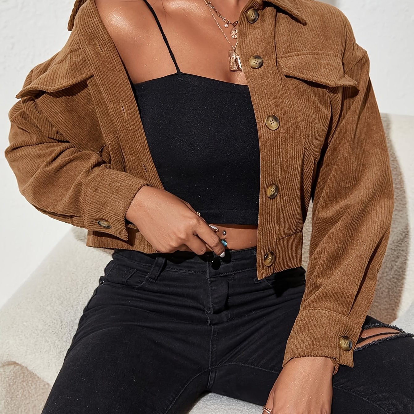 TEMU Valentine's Day New Arrivals: Women's Hot Outfits, Women's Jackets, Solid Color Corduroy Pocket Lapel Long Sleeve Casual Jackets Suitable For
