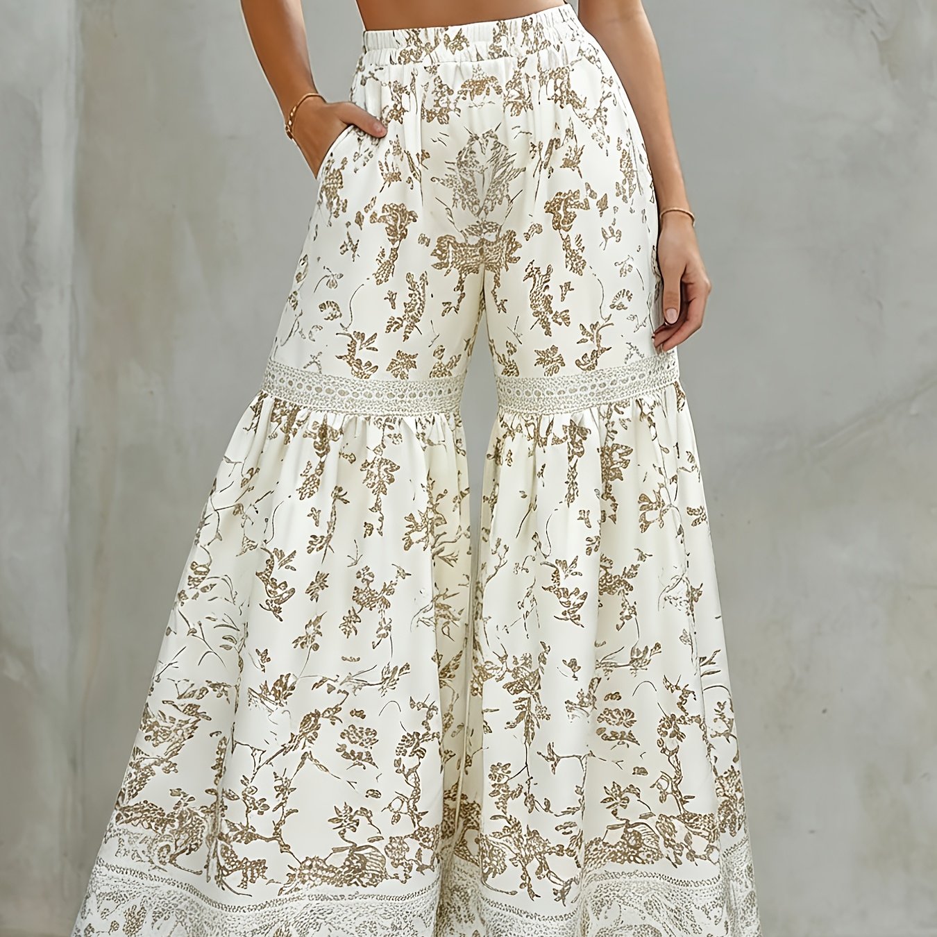 TEMU Td0319010 Women's Bohemian Style Printed Wide-leg Pants, Summer Lightweight High-waist Elastic Waist Flared Palazzo Pants/skort