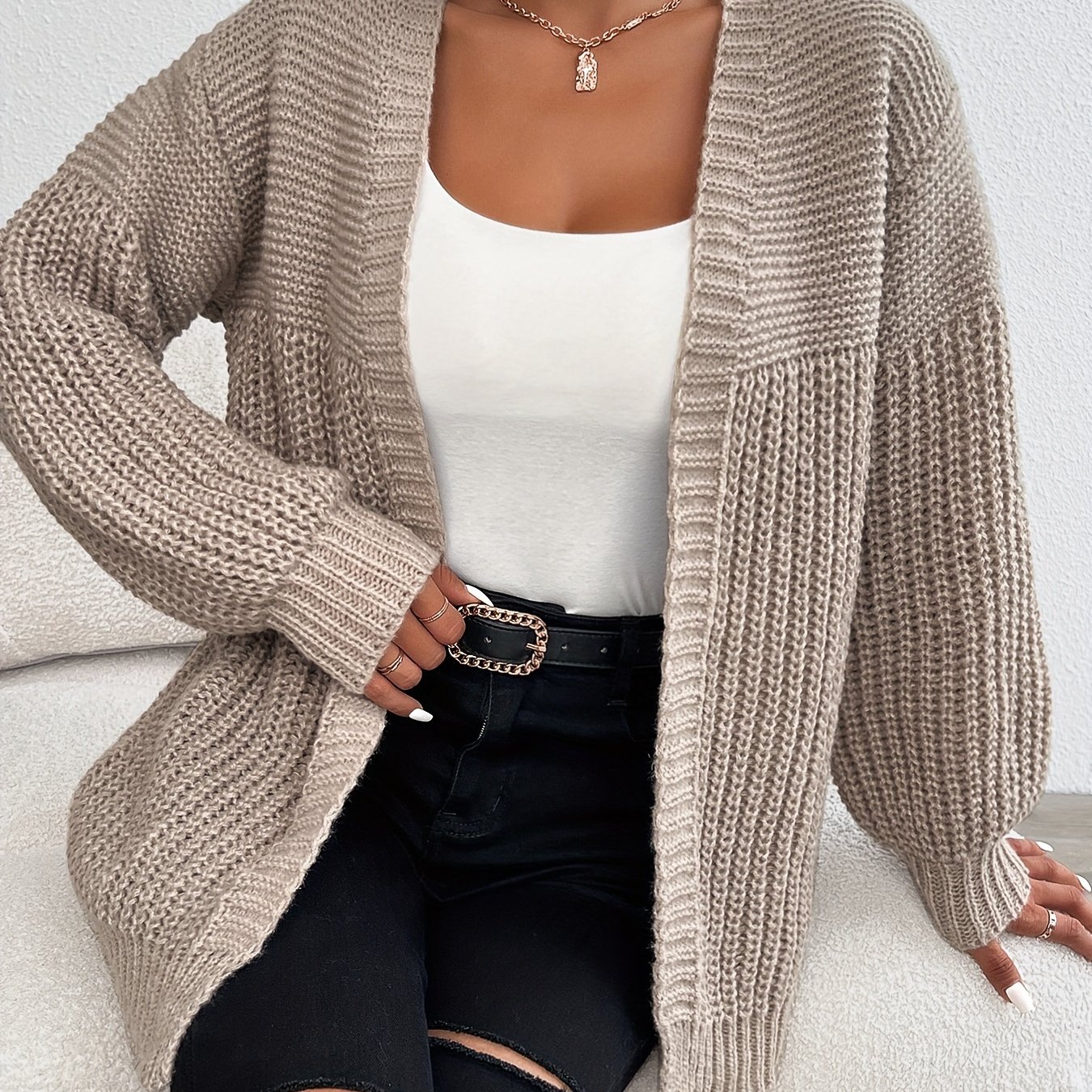 Image of Elegant Open-front Cardigan - Casual Long Knit Sweater With Lantern Sleeves, Ribbed Detail, Acrylic .0% - Fall/winter