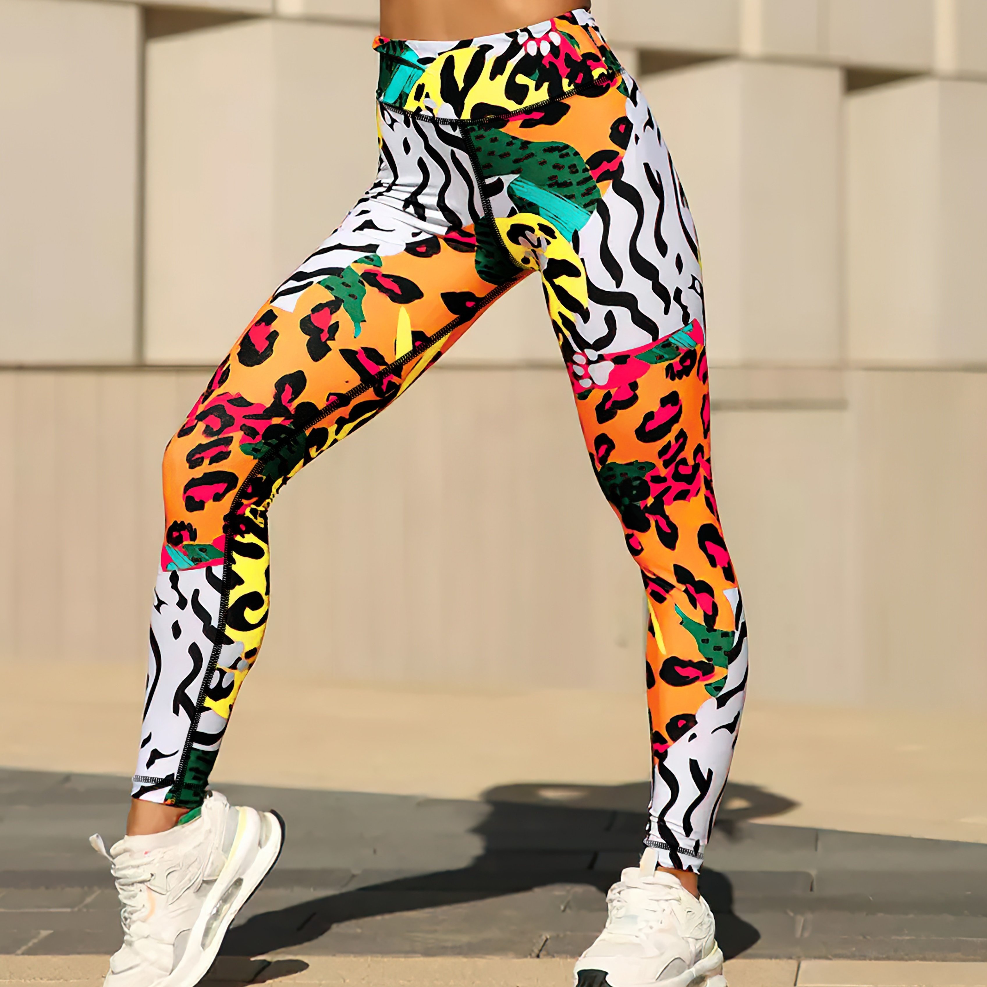 Image of Women's Athletic Leggings, Colorful Leopard Print Outdoor Sports Workout Fitness Yoga Long Pants, Lifting High Waist Stretch Tight Base Layer Tights, Women's Athletic Pants