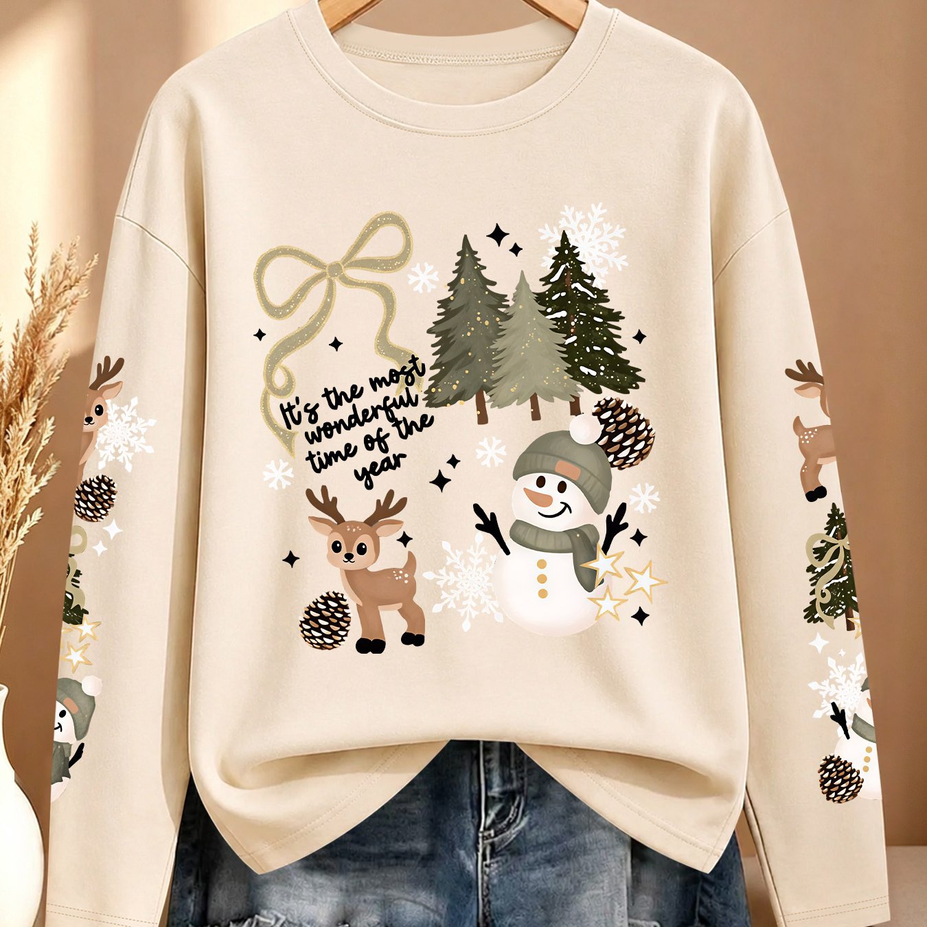 TEMU [christmas Gift] Women's Autumn Winter Clothing, Bow Christmas Tree Snowman Deer Multi-sleeve Printed Long Sleeve T-shirt, Athletic Casual