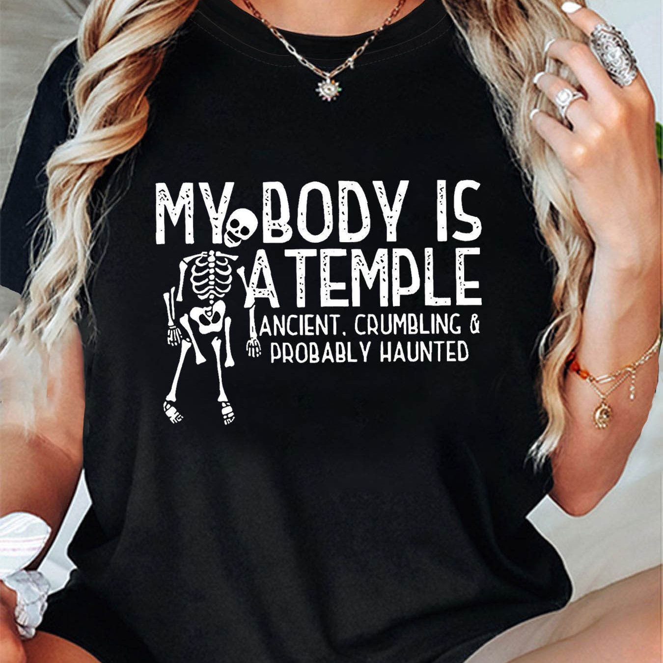 TEMU Plus Size - Plus Size - Self- And : " Is A Temple Ancient, Crumbling & Haunted" With A Skull Pattern Print Plus-size Women's Fashionable Casual