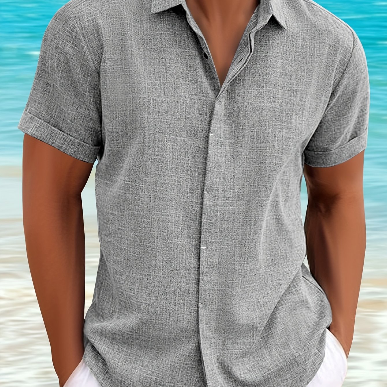E-shop Herren Graues Kurzarmhemd mit Unsichtbaren Knöpfen - Ganzjahres-Casual & Formelles Hemd für Hochzeiten, Partys, Strandausflüge,