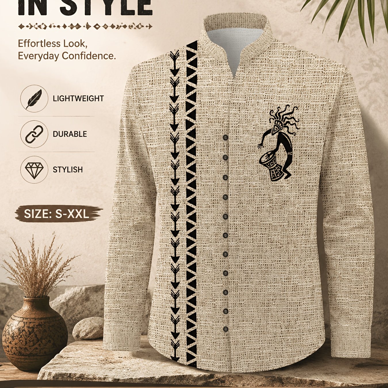 TEMU Chemise décontractée à manches longues pour homme, 11 boutons, motif géométrique ethnique totem, vêtements d'automne pour homme