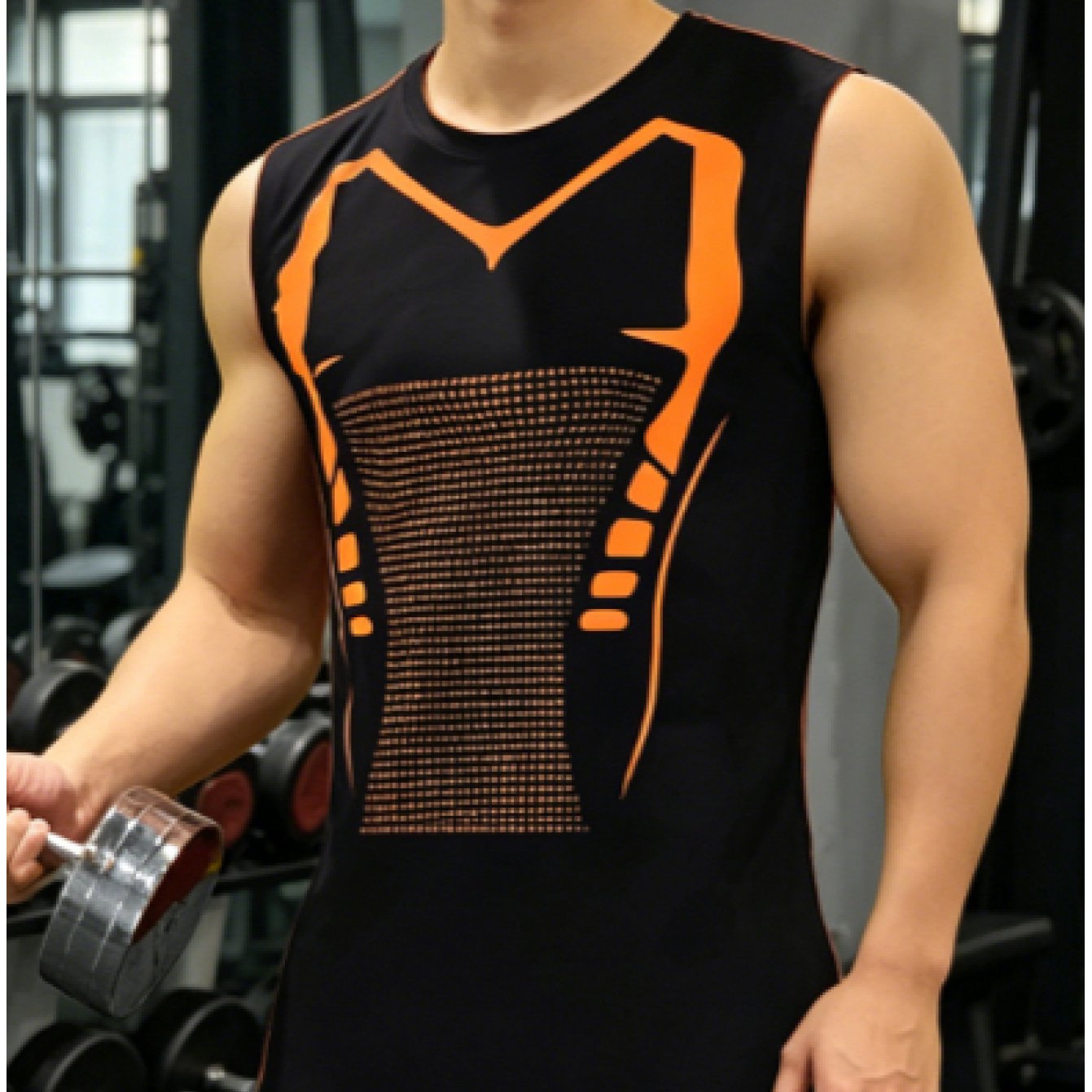 TEMU [print Design-not Textured], Orange Black Geometric Print Fitness Sleeveless T-shirt Men's Breathable Quick-dry Athletic Tank Top Print Pattern