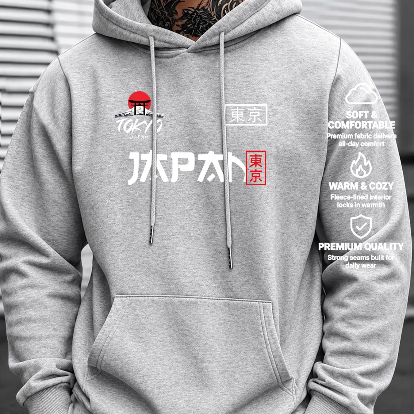 TEMU Men's Hooded Sweatshirt, Tokyo Japanese Architectural Silhouette Print Western Men's Casual Sweatshirt