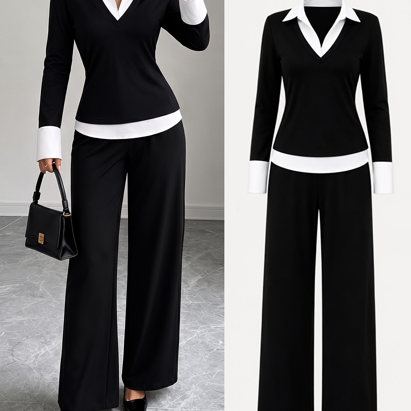 TEMU Women's Trouser Set | A 2pcs Set Featuring A Long-sleeved, Collared, Color-block 