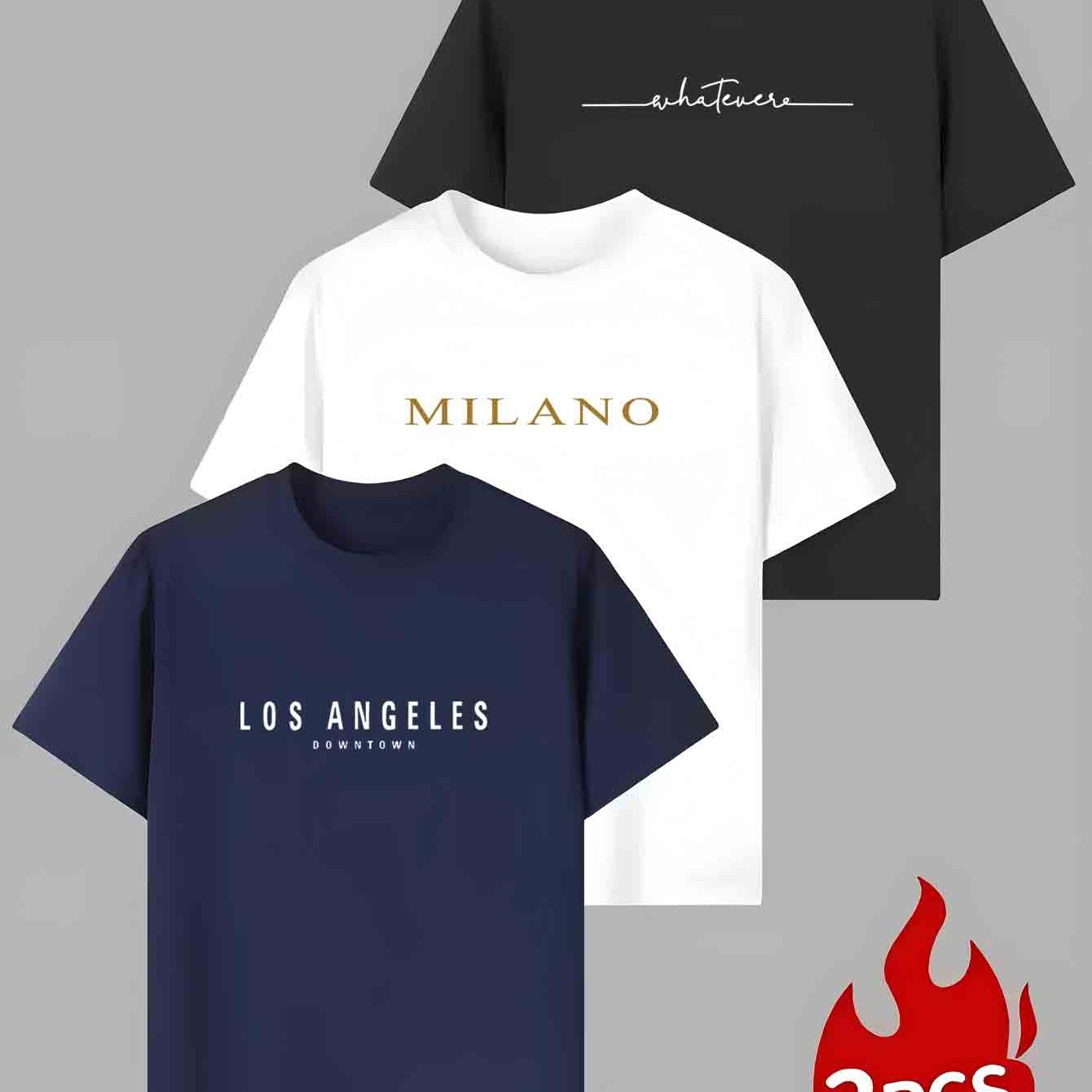 Image of 3pcs Fashion T-shirt Set With Los Angeles And Artistic Print - Casual, Breathable, Machine Washable - Ideal For Summer, For Teenager
