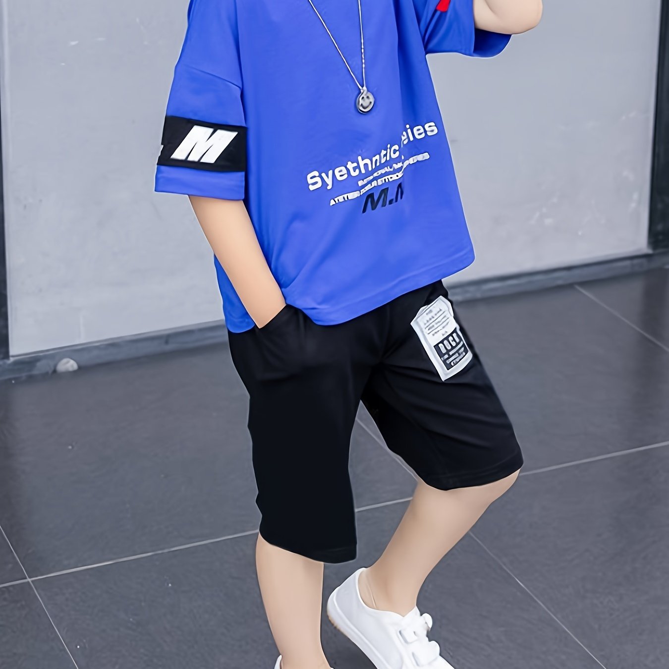Image of Boys' Set Short-sleeved T-shirt And Shorts 2pcs Set, Medium And Large Letter Print, For Outdoor