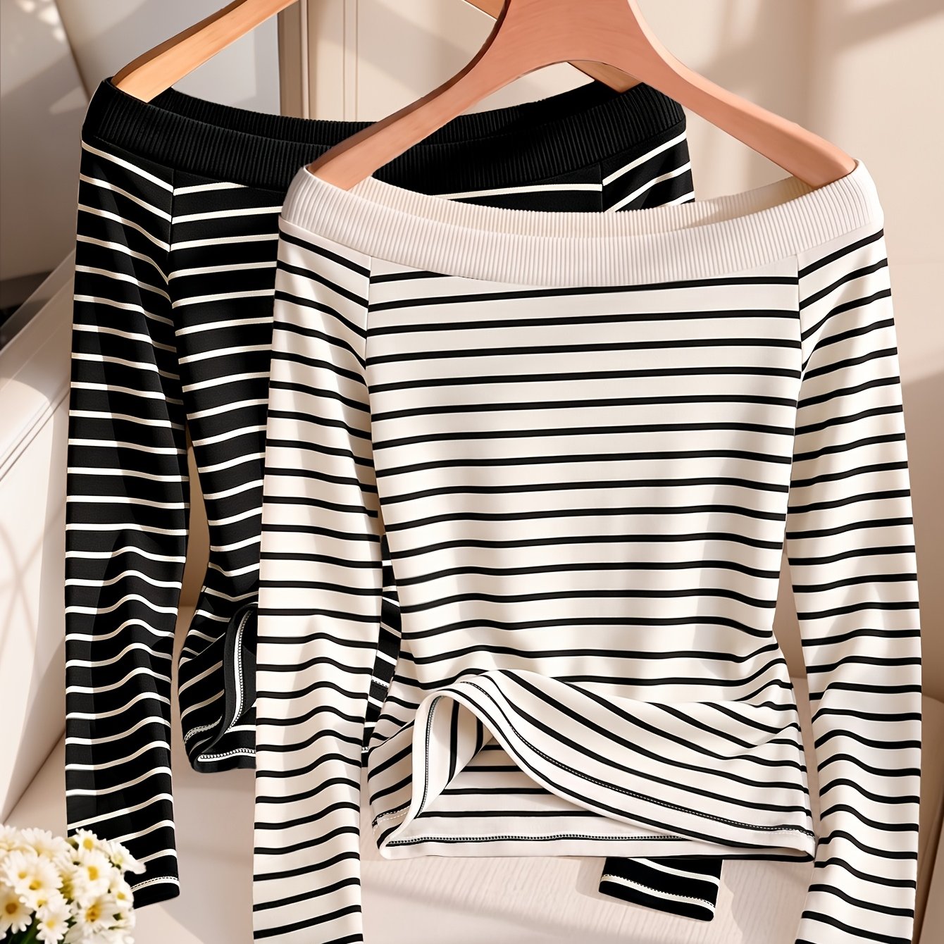 TEMU 2pcs Set Autumn Winter Easy Temperament Sexy Off-shoulder Striped Long Sleeve T-shirt Women's Waist-cinching Comfortable Soft Breathable Top