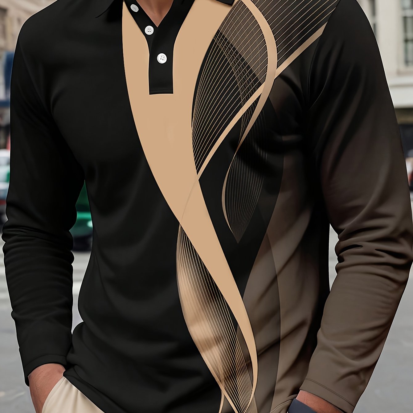 TEMU [print Design, Not Textured] Men's Casual Long Sleeve Shirt, Abstract Geometric Swirl Line Pattern Print, Business Casual Daily Wear Fashion Top