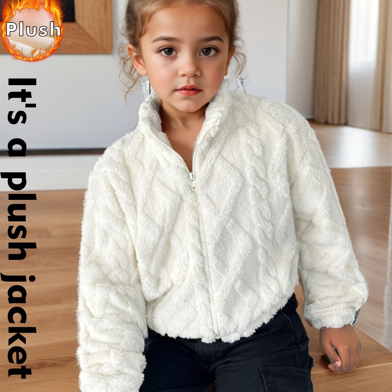 Image of Girl's Rhombus Pattern Textured Thick Plush Jacket, Warm And Comfortable Autumn/winter Jacket For Girls, Suitable For Outdoor Activities, 3 And Up