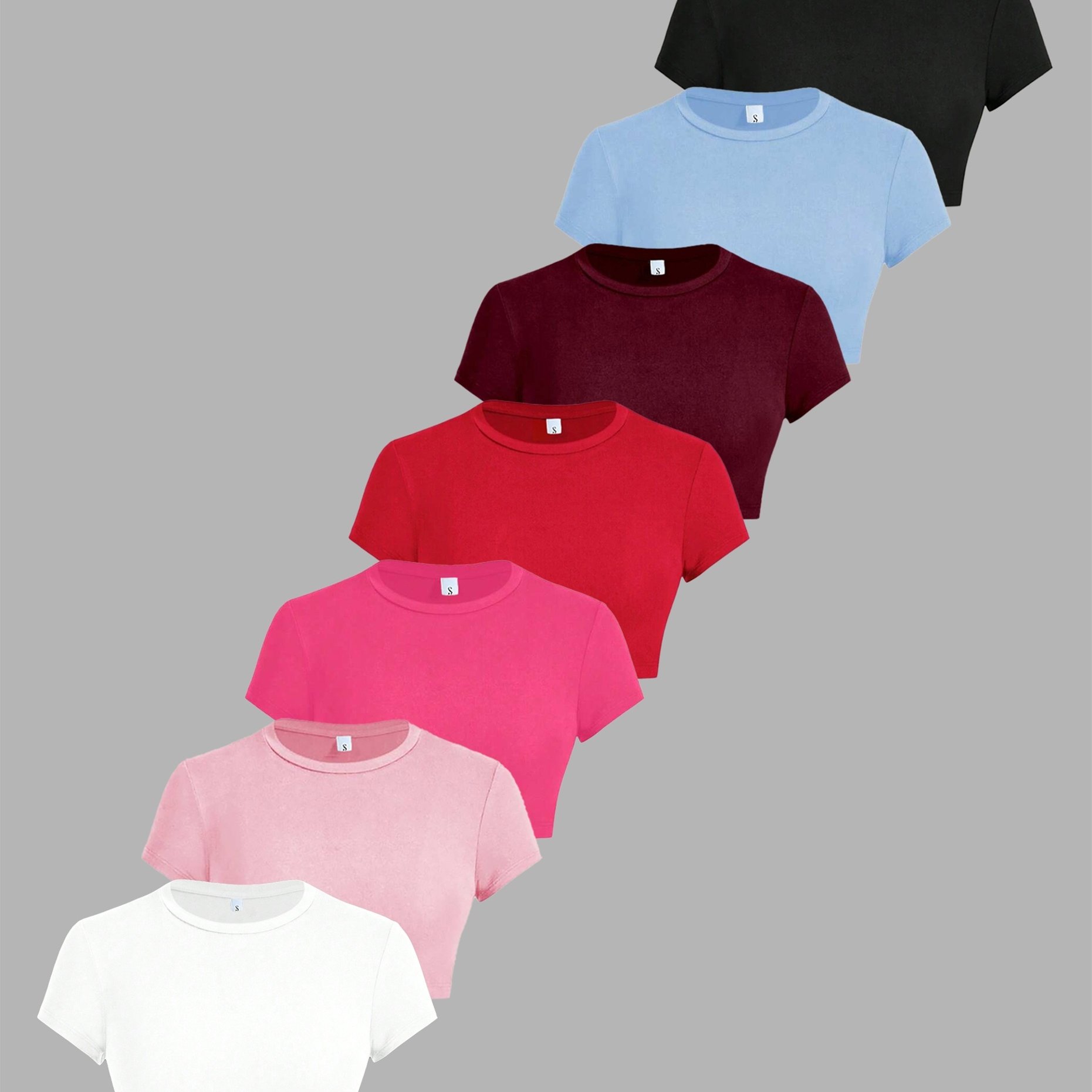 TEMU 7pcs Set, Navel-baring Sexy Fashion Short T-shirt, Women's Round Neck Short-sleeved Slim-fit Short Top