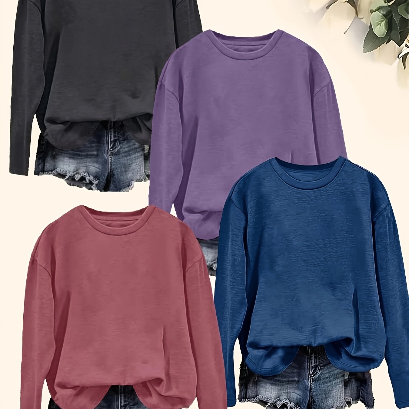TEMU Plus Size, 4pcs Solid Color Round Neck Long Sleeve Casual Loose Tops For Spring And Autumn, Women's Clothing