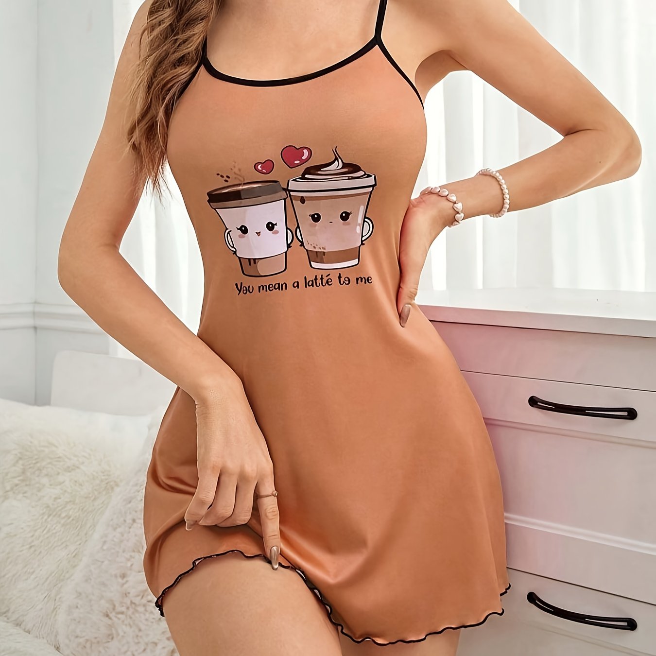 Vestido de Dormir Sin Mangas para Mujer - Camisón de Verano con Estampado de Taza de Café, Vestido Corto para Mujeres, Pijama y Ropa de Casa Lavable a Máquina (No Incluido) - Estilo Cómodo y Casual para Dormir - M