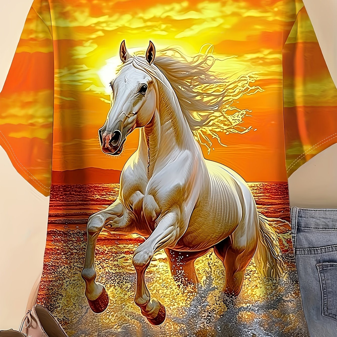 TEMU Plus Size Women's Round Neck Short-sleeved T-shirt Sunset White Horse Print Craft Printing, The Fabric Is Soft, Skin-friendly, Breathable,