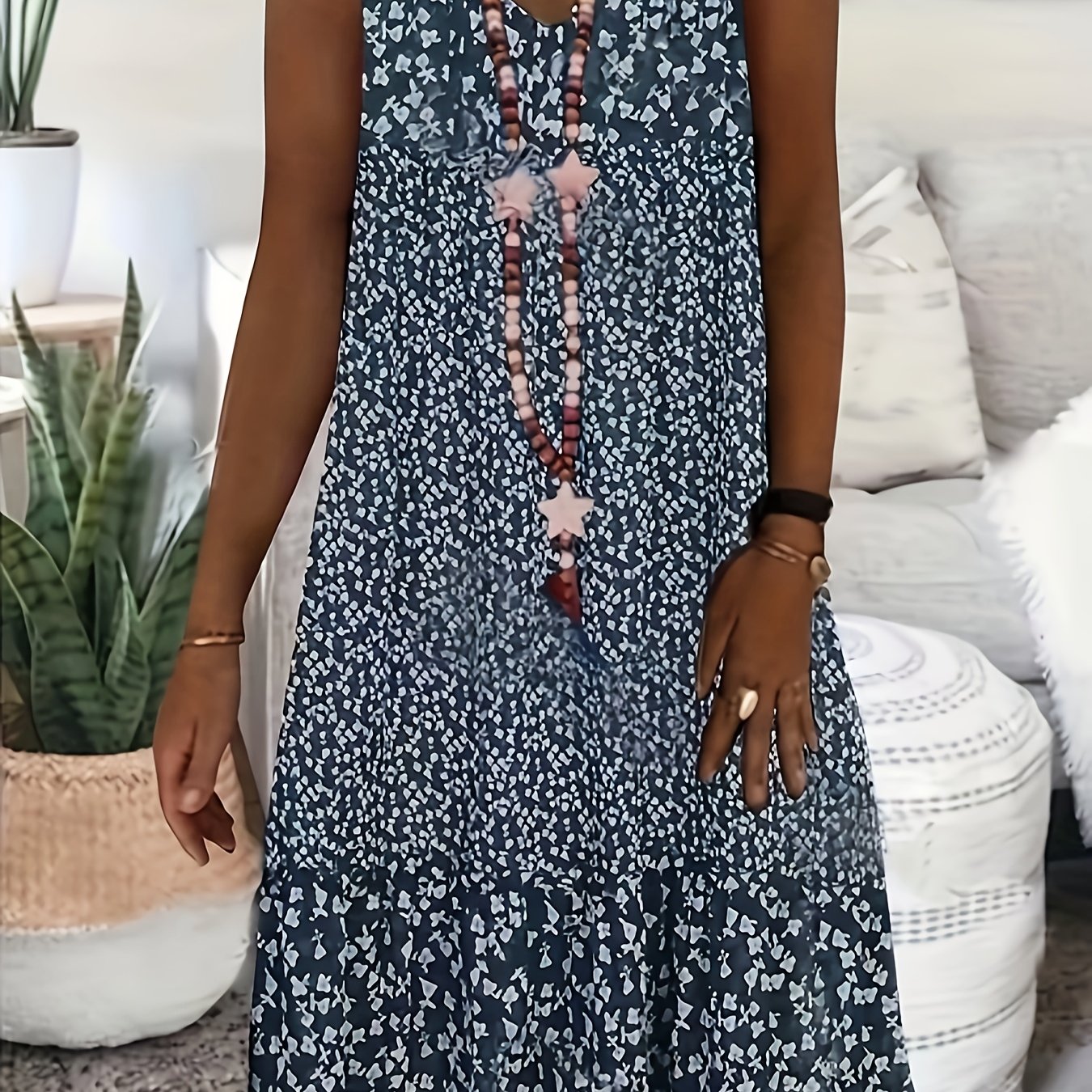 Plus Size, Plus Size Women's Spring/summer Vintage Print V-neck Vest Dress With Pockets