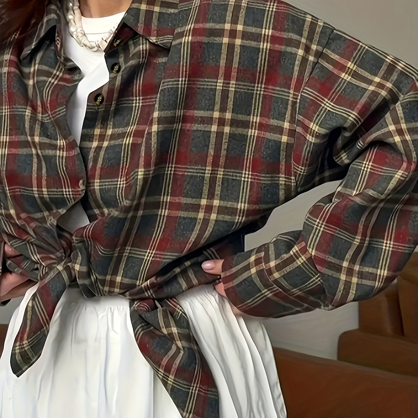 TEMU Camicia vintage a quadri con bottoni - Maniche lunghe casual, per e
