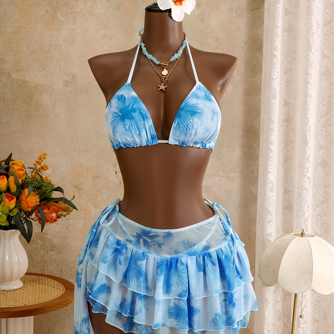 TEMU 2026 Spring Summer New Women's Floral Ribbon Backless Skirt Style Swimsuit 3pcs Set
