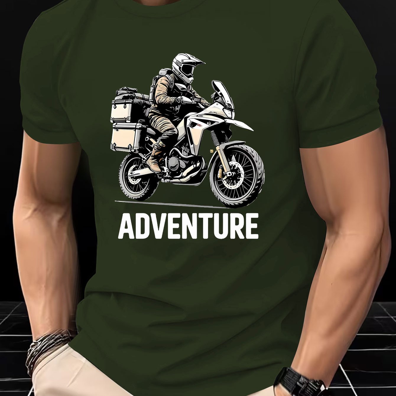 TEMU Men's Graphic Print T-shirt With Motorcycle Adventure Design, "free And , Trend" Summer Casual Comfortable Tee, , Suitable For Daily Gatherings,