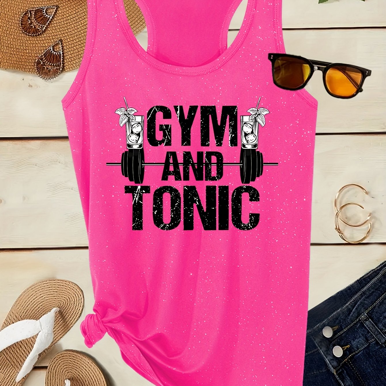 TEMU Canotta da donna con stampa di lettere "Fitness and Supplements", paillettes a rosa termoadesive, largo