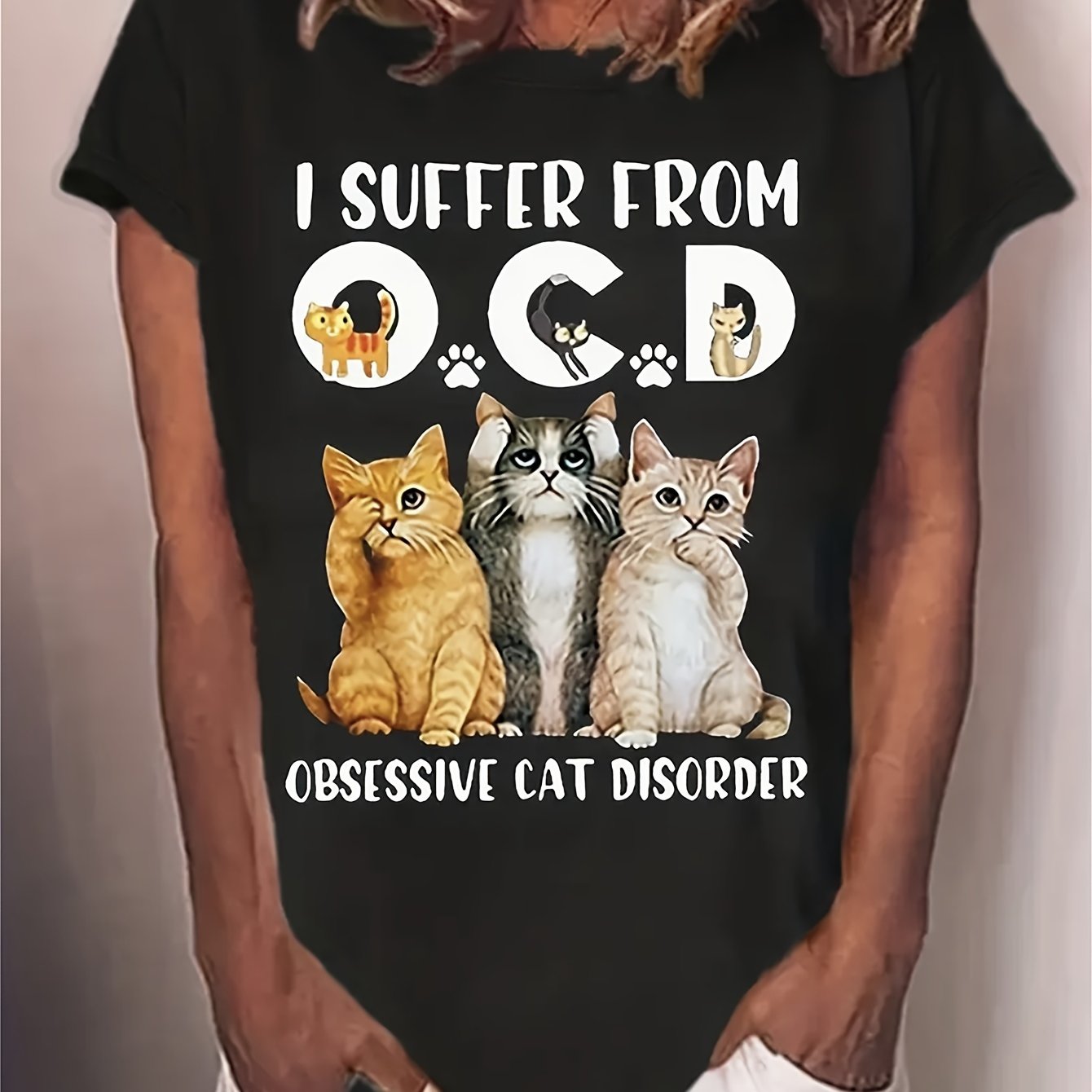 TEMU Cat & Letter Print Crew Neck T-shirt, Casual Short Sleeve T-shirt For , Women's Clothing