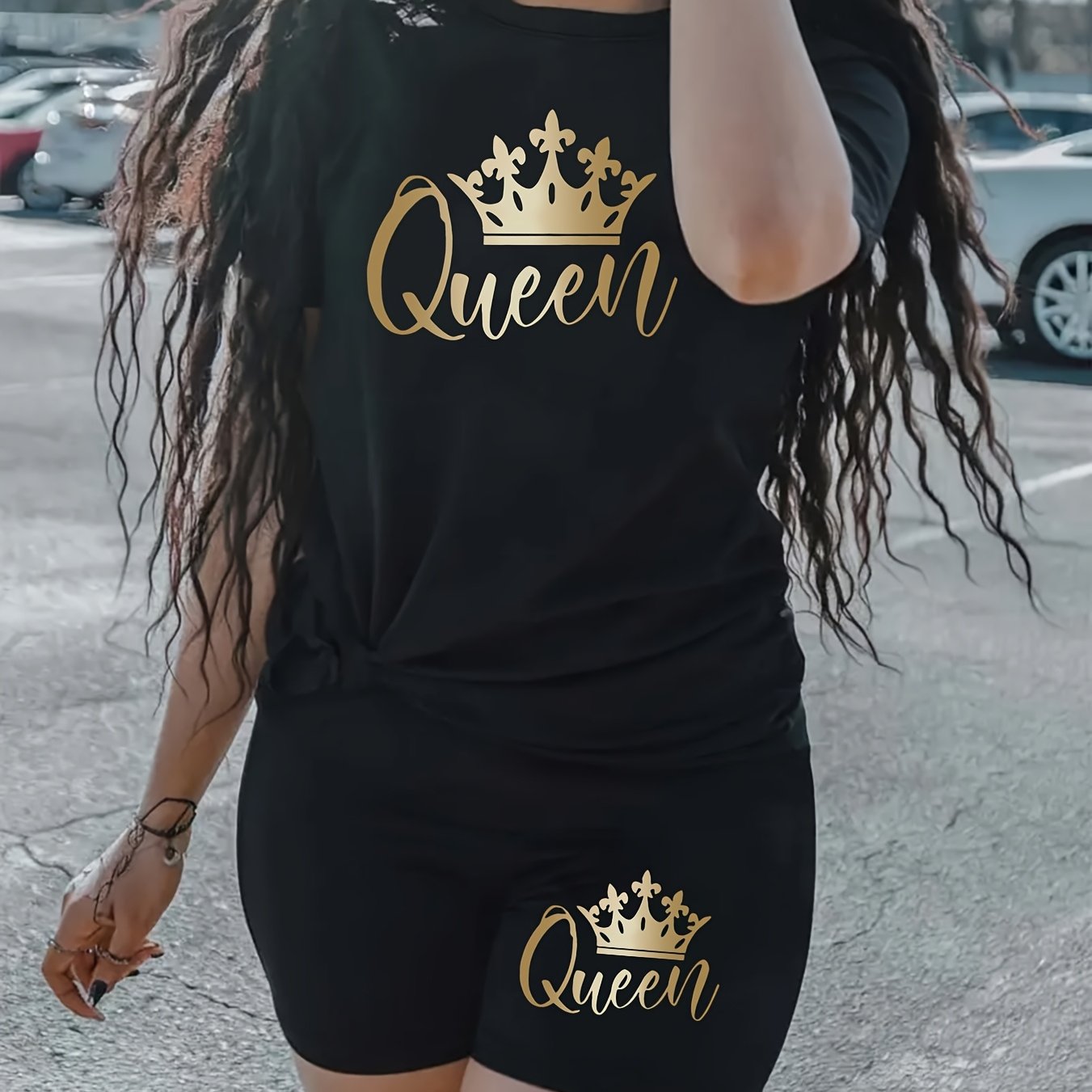 TEMU Completo casual due pezzi con stampa corona e regina, T-shirt da donna a maniche corte con e pantaloncini da ciclismo