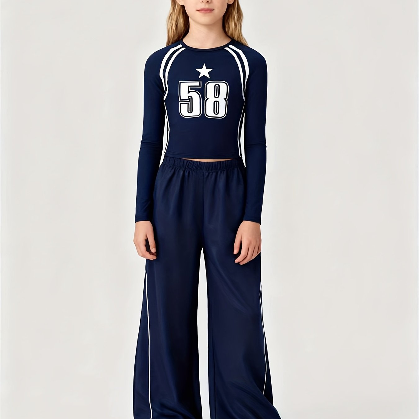 Image of 2pcs Set, Blue Long-sleeved T-shirt Top With Wide-leg Pants, Casual Wear, For Outdoor, Halloween
