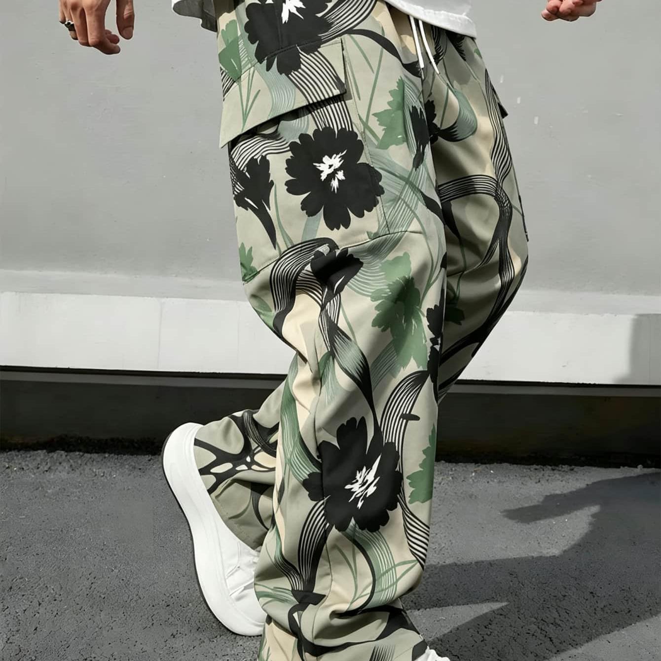 Image of 2d Flat Printing Men's Fashion Pants Men's Casual Cargo Pants Sports Pants Vintage Floral Camouflage Print Street Trendy Style Large Loose Straight Leg Men's Clothing Suitable For Daily Campus Comm