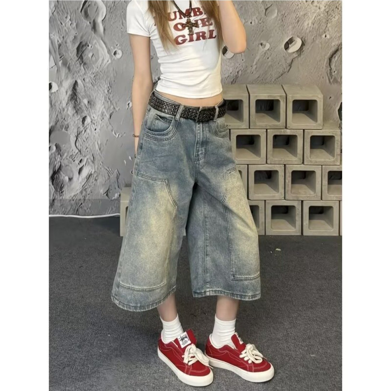 TEMU 春夏新作 プラスサイズ 高感度デザイン デニムドパンツ レディース ハイウエスト ストレート ボディカバー ストリートスタイル 韓国風 ルック 夏コーデ