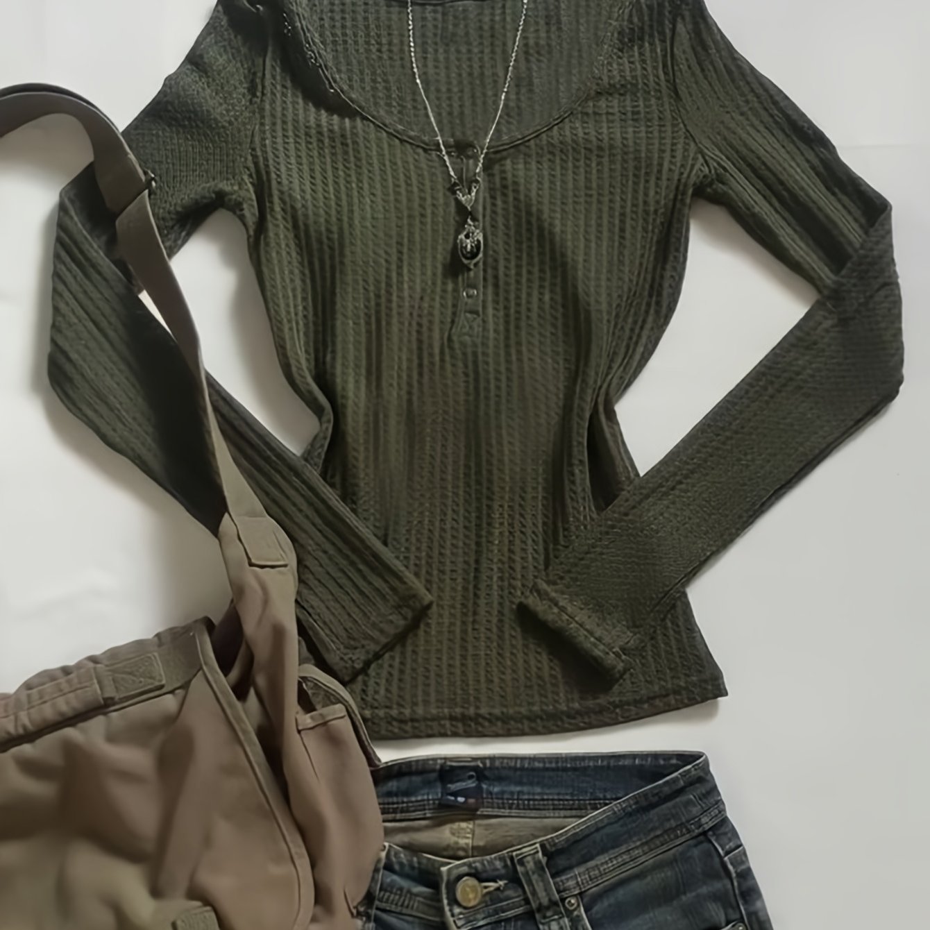E-shop Y2K Uni-Farbiges Rippstrick-Langarmshirt mit Rundhalsausschnitt, Hose nicht im Lieferumfang enthalten