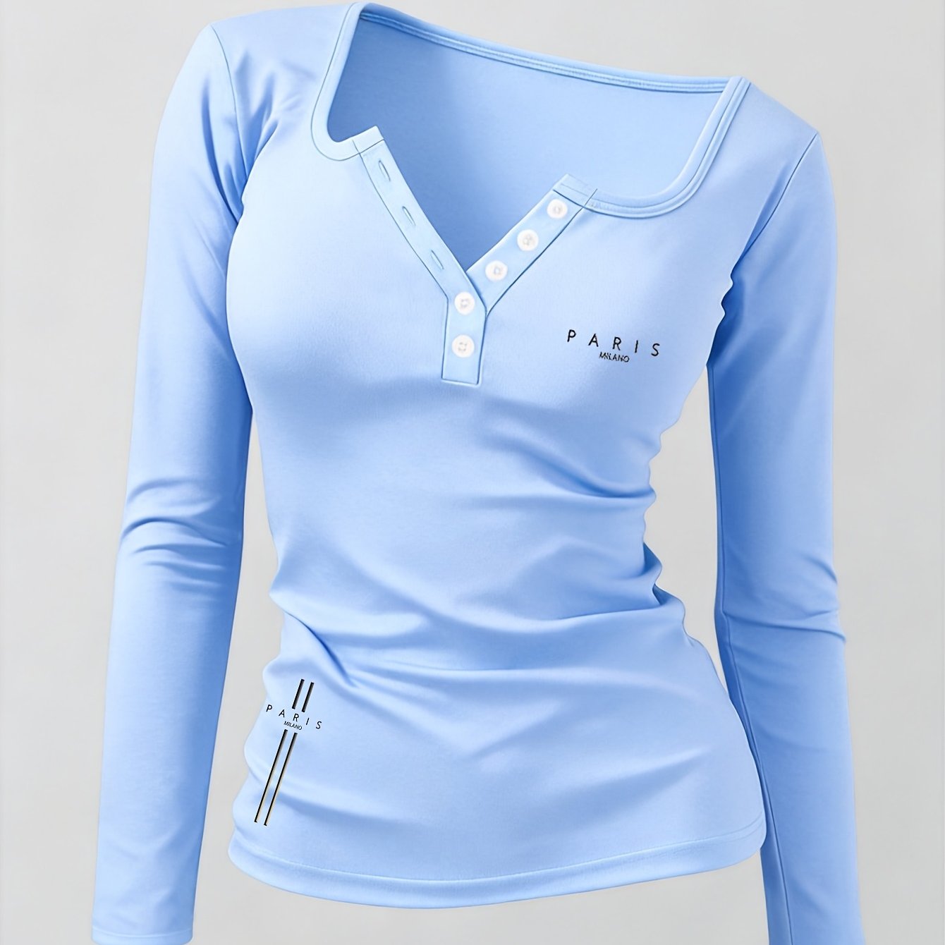 TEMU Parisian Pattern Women's Button-up Long Sleeve T-shirt, Sexy Design For Hot, Non-v-neck, Suitable For Spring/summer/autumn/winter, Revealing