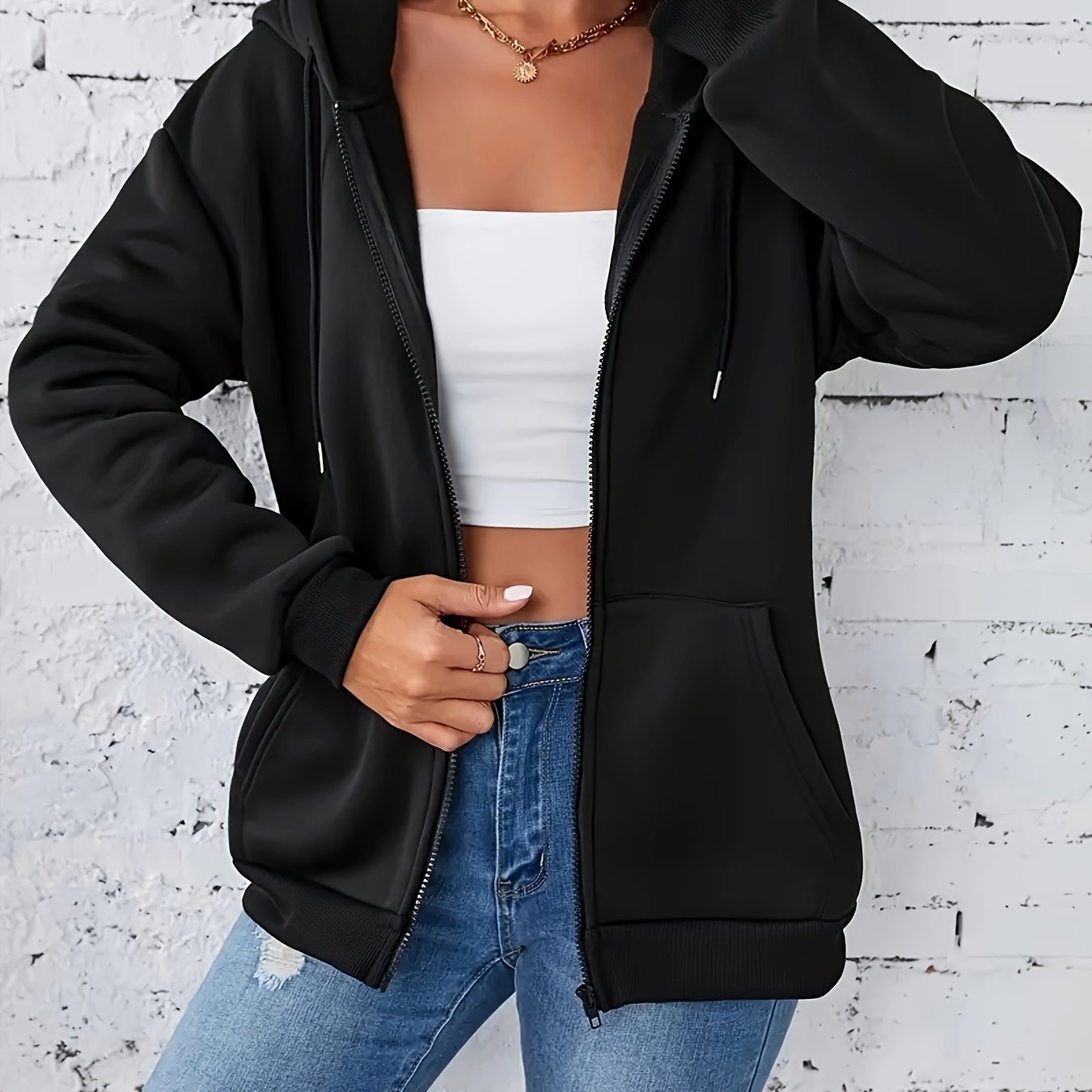 Solid -up Drawstring Hoodie With Pockets, Hooded Long Sleeve Women's Sweatshirt, Casual Athletic Hoodie