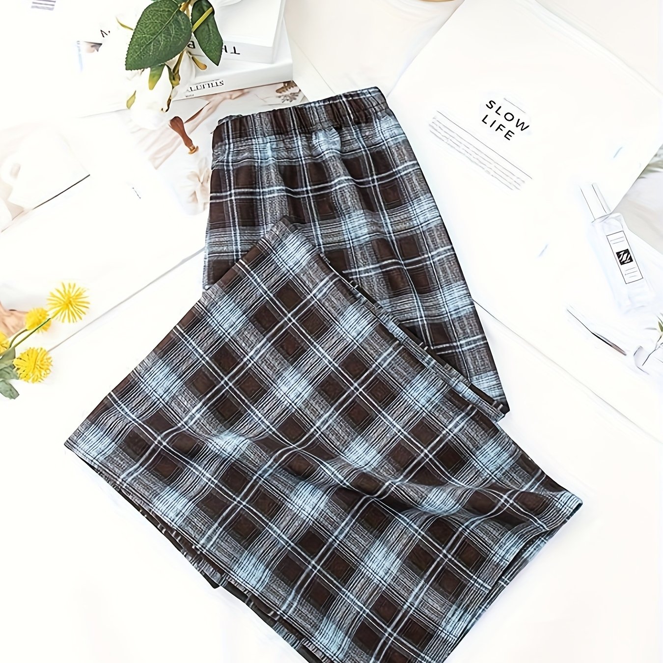 TEMU 【商品名】チェック柄パンツ レディース カジュアル ゆったり ストレートレッグパンツ ハイウエスト ドレープ ワイドレッグパンツ フロアパンツ