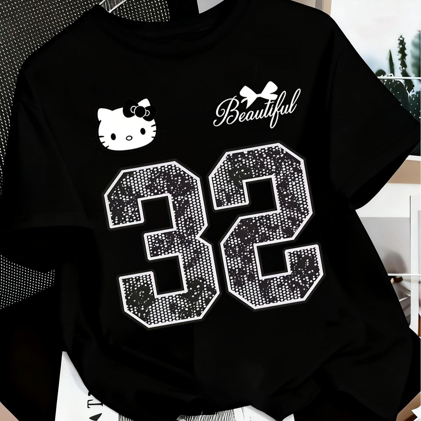 TEMU Plus Size, [ Licensed]t-shirt: "hello And White Simple Bow Number 32" Printed Design, Round Neck, Short Sleeves, S And Outdoor Casual Top