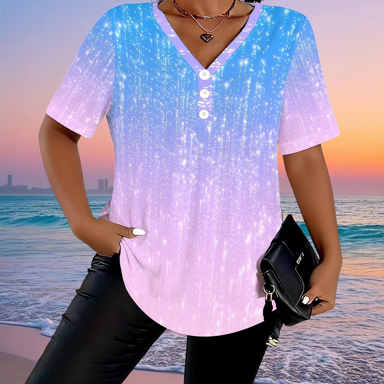 TEMU Summer Plus Size Women's V-neck Three-button Short Sleeve T-shirt, Pink And Blue Gradient Glitter Print, Casual, Comfortable, Breathable, Loose