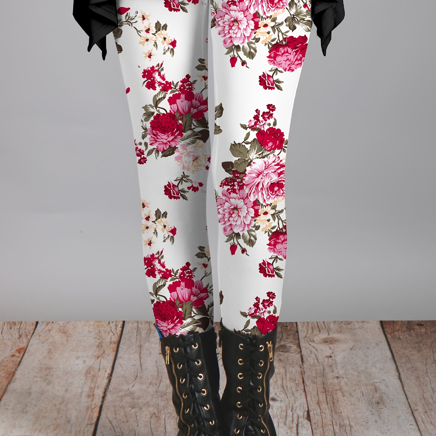TEMU Plus Size - Plus Size - Plus-size Floral Printed Leggings, Casual Stretchy Base Layer Pants, Women's Plus-size Clothing