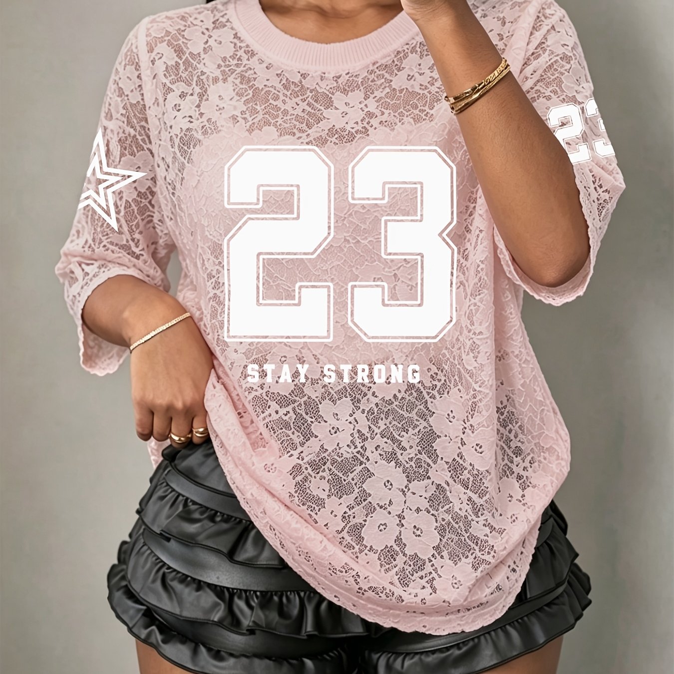 TEMU Women's Western Individual Lace T-shirt, Fashion Round Neck Number Print Pattern, Semi-transparent Lace Short Sleeve