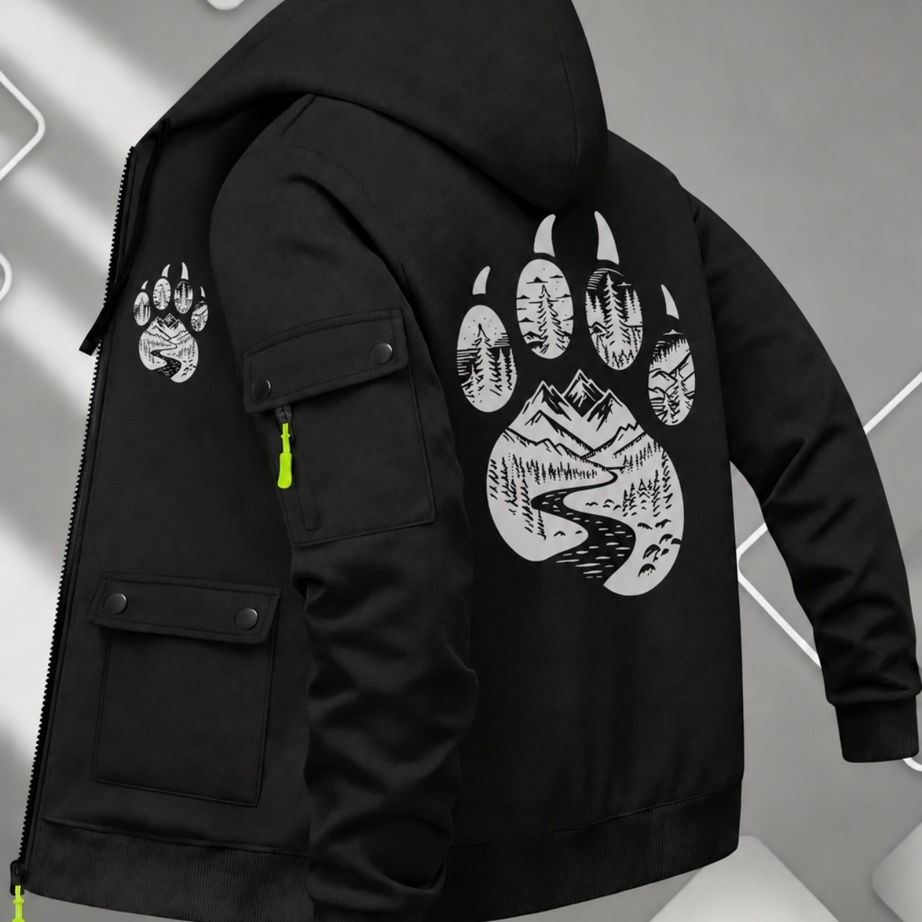 Image of Aw26, Men's Black Hooded Zip-up Jacket With Paw Print Graphic, Multiple Pockets, Lightweight Durable For Daily Outdoor Wear, Coffee Shop Or Style In Autumn, Ss26