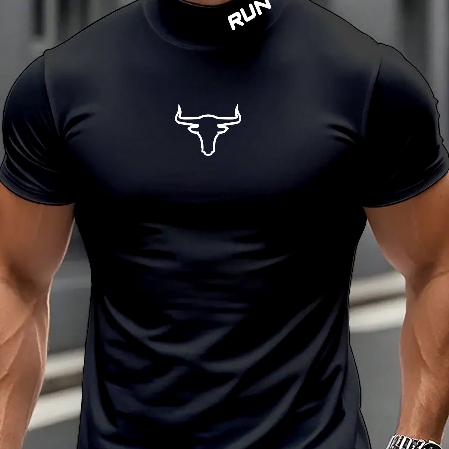 E-shop Kurzarm-Hochkragen Modischer Trend Instagram Minimalistisch Kreativer Stierkopf RUN-Muster Sport Fitness Lauftraining Casual Herren Kurzarm