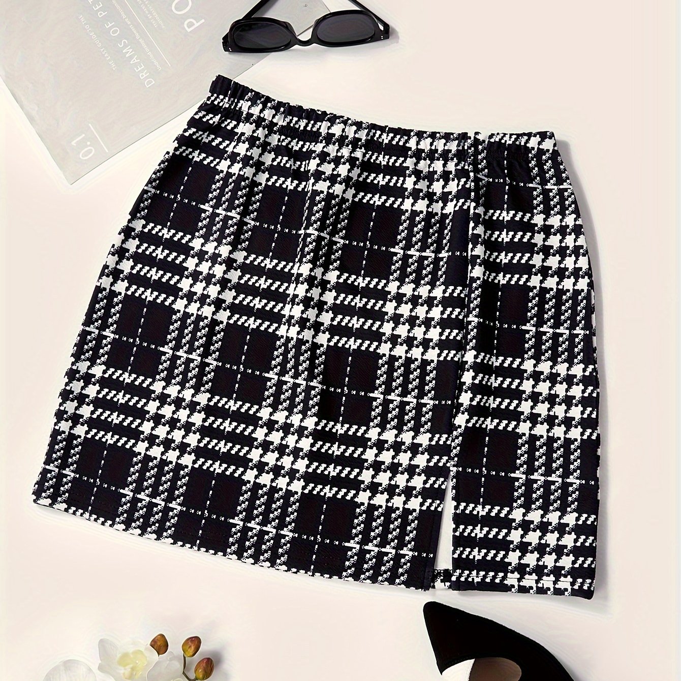 TEMU Houndstooth Print Bodycon Mini Skirt, Casual Split Hem Skirt For Spring & Summer, Women's Clothing